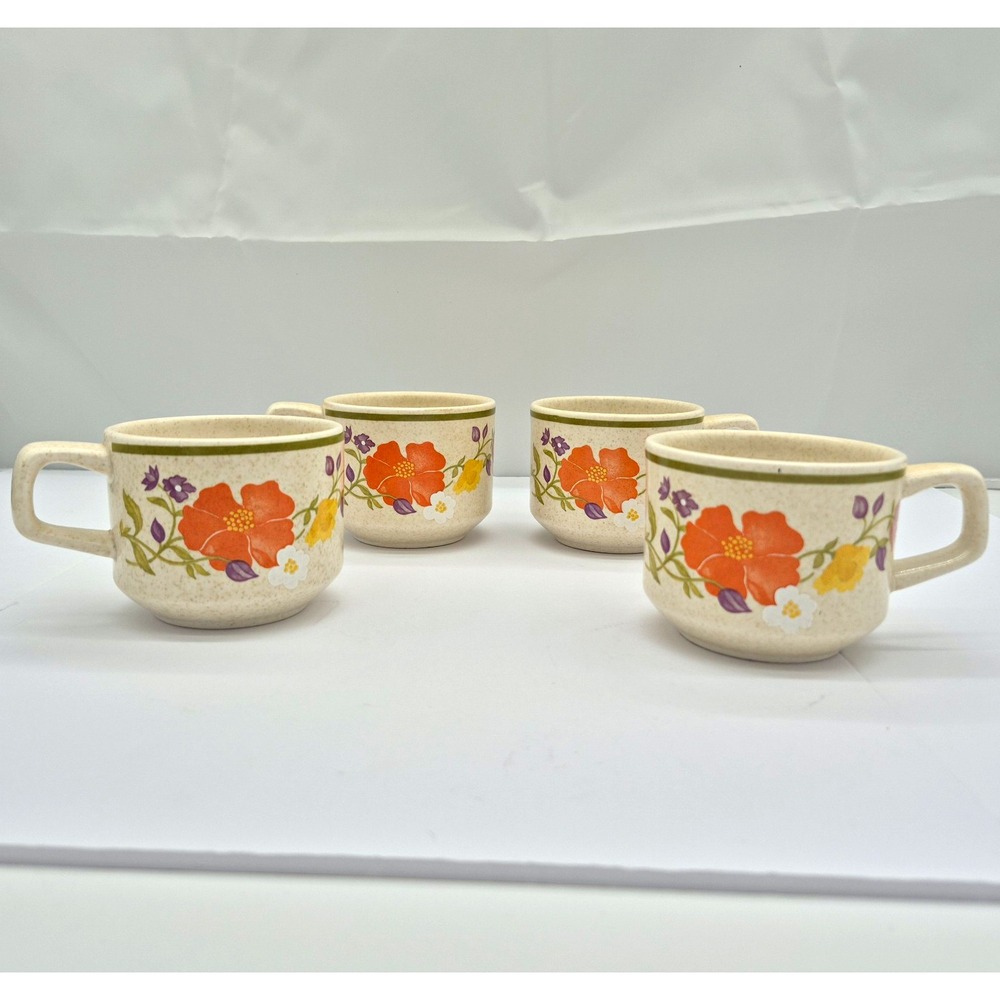 VTG Lenox Temper-Ware Summer Wind Floral Stoneware Mug Set 4 Retro MCM 10oz